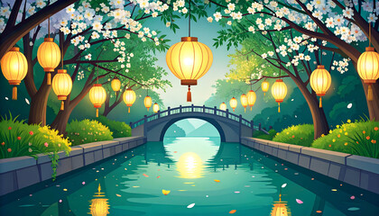 Single Paper Lantern Drifts Across Jade Canal in Serene Night Scene