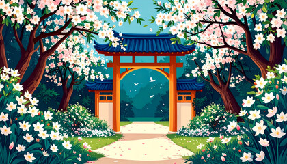 Tranquil Garden Gate Surrounded by Blossoming Flowers and Trees