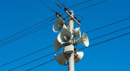 Utility pole with multiple horn speakers against blue sky.