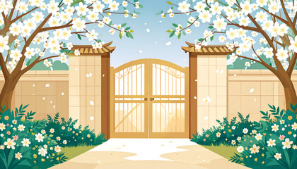 Serene Garden Gate Framed by Blossoming Trees and Gentle Breeze