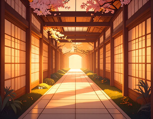 Serene Corridor with Soft Light and Blooming Cherry Blossoms
