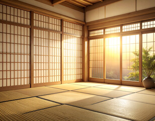Serene Morning Light Through Shoji Screens in a Tranquil Room