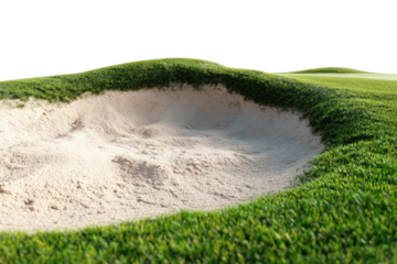 Golf sand trap on a grassy fairway.  Green, sandy, hole,  golfing,  sport,  outdoors,  nature