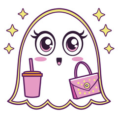 Adorable Kawaii Ghost Girl with Pink Purse and Drink Illustration