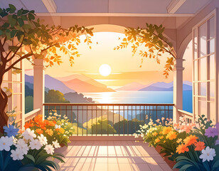 Serene Sunrise View from a Balcony with Vibrant Flowers and Vistas