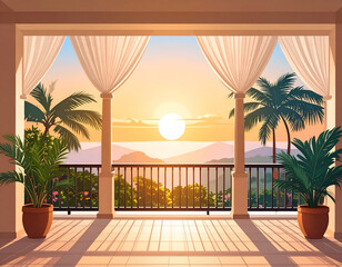 Serene Sunrise View from a Stylish Balcony with Palm Trees