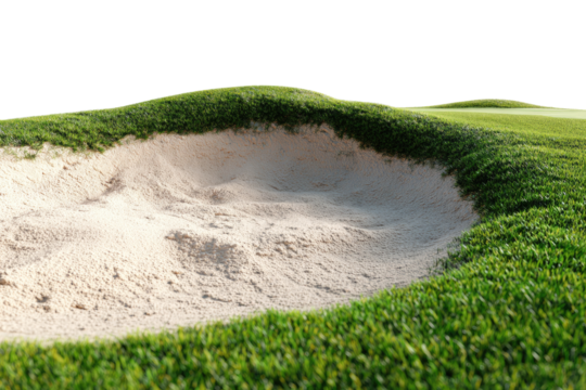 Golf sand trap on a grassy fairway.  Green, sandy, hole,  golfing,  sport,  outdoors,  nature