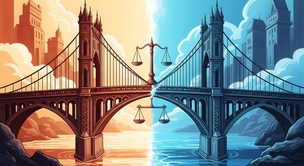 Illustration of two bridges in warm and cool tones connected by scales of justice, concept for legal services, law firm branding and mediation imagery representing balance and fairness in legal