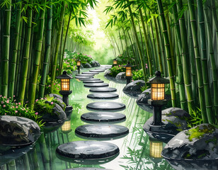 Tranquil Obsidian Trail Through Lush Bamboo Forest with Lanterns