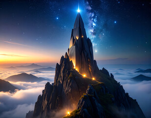 Obsidian Spire Piercing Swirling Fog atop a Cliff with Stars
