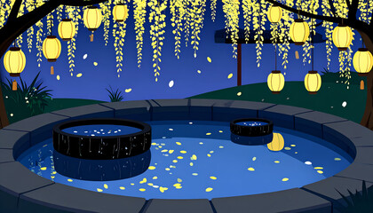 Serene Obsidian Pool Under Willow Trees with Lanterns at Night