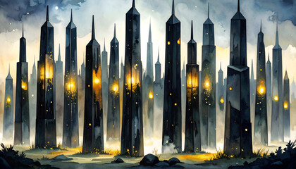 Obsidian Pillars Stand in Silent Rows Under a Mysterious Sky