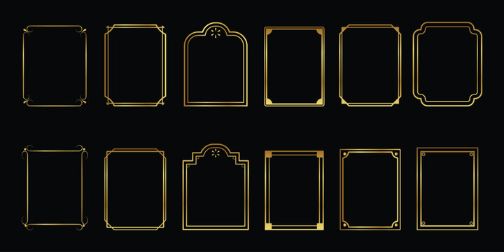 Golden frame set. Thin linear rectangular golden frame shape bundle. Luxury Minimalist Geometric golden shape frame collection. Vector collection.