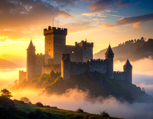 Obraz premium Misty Fortress of Crumbling Stone Emerges Through Swirling Mist
