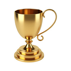 Shiny golden trophy cup with handle on layered base.  Success, victory, achievement, winning concept.