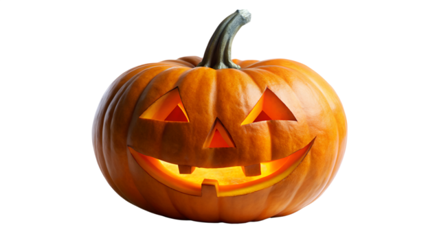 A carved halloween jackolantern pumpkin with a glowing light inside, isolated on transparent background