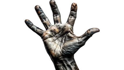 A dirty, muddy hand reaching out, isolated on transparent background