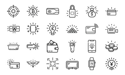 A Comprehensive Set of 24 Finance and Technology Line Icons Featuring Cryptocurrency, Banking, Security, Mobile Payments, and Digital Wallets