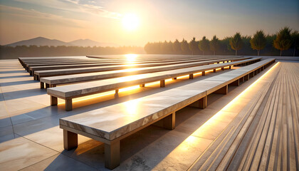 Serene Marble Benches Glowing Under Morning Sunlight in Calm Haven