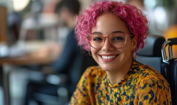 Inclusive image of a happy gay female employee with pink hair sitting in a wheelchair in a diverse and accessible workplace. This Pride Month business marketing concept showcases, Generative AI