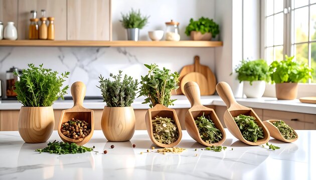 Wooden scoops filled with herbs and spices on a kitchen counter - Powered by Adobe