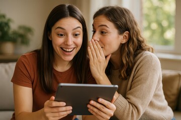 Excited Friends Sharing Secrets Online via Tablet for Lifestyle Bloggers and Viral Marketing Campaigns