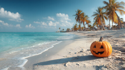 Carved jack-o'-lantern pumpkin on a tropical sunny beach with turquoise ocean and palm trees. Blend of Halloween tradition and exotic vacation setting. Concept of unconventional holiday celebrations