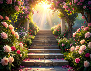 Elegant Flight of Granite Steps Surrounded by Blooming Rose Bushes