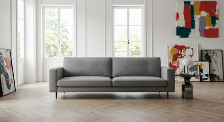Fototapeta premium Stylish gray sofa in modern design house