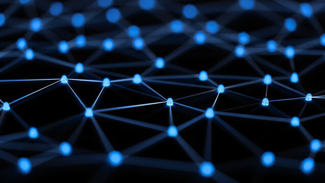 Abstract network of glowing blue nodes and lines representing digital connection