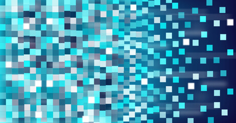 Abstract digital squares transitioning into motion on a blue gradient background