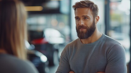 Obraz premium Man with beard in gray t-shirt, looking away, blurred background. Applicable in articles about fashion and lifestyle.