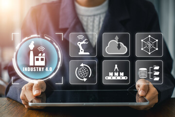 Futuristic digital interface showcasing Industry 4.0 technology with icons representing automation, cloud computing, and data management.
