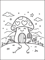 Fototapeta premium Smiling Mushroom House Coloring Page – Fun Printable Forest Illustration for Kids with Sunny Sky, Whimsical Design,