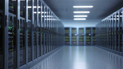 Modern data center with rows of server racks, representing technology and infrastructure