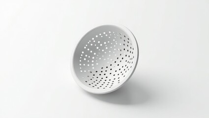 White perforated colander on a white background.