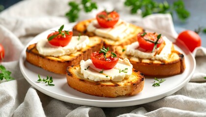 Close-up of Grilled Bruschetta with Creamy Cheese and Cherry Tomatoes