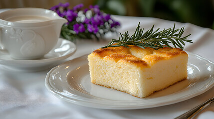A piece of baked dessert on a white plate, next to a cup of cream and purple flowers.