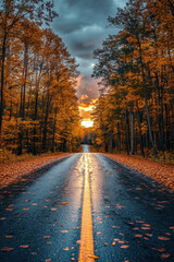Sunset over a road strewn with fallen leaves.