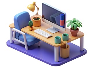 Charming 3d isometric miniature desk setup with computer chair and plants