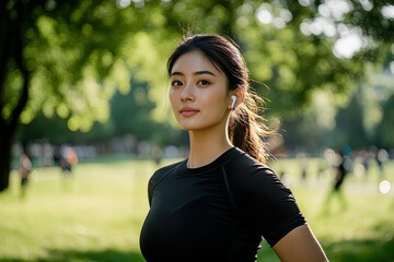 Confident woman with wireless earbuds standing in sunny park