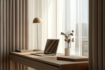 Modern minimal desk with laptop, lamp and neutral decor