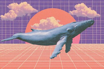 A stylized whale floats above a gridded plane, bathed in a sunset glow