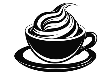 Black and White Illustration of Coffee Cup Overflowing with Whipped Cream on Saucer