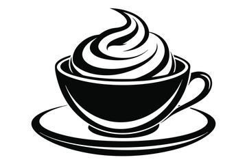 Elegant Black and White Illustration Cup of Coffee with Whipped Cream on Saucer