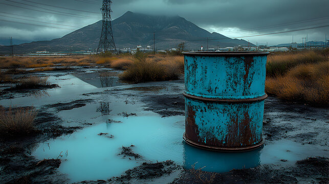 A rusty blue barrel sits in a muddy, watery area with a mountain in the background.