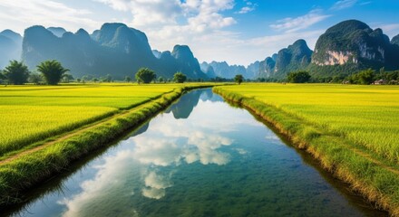 Obraz premium Breathtaking Scenic River Winding Through Lush Green Rice Fields and Majestic Mountains