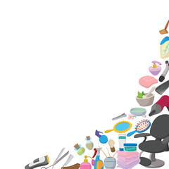 Colorful hair salon tools and accessories are creating a diagonal border on a white background, ideal for beauty and hair care promotions