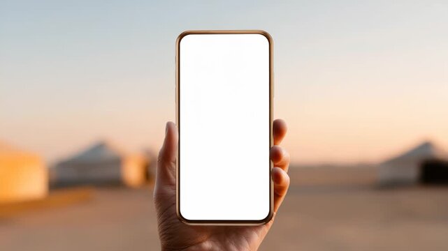 Hand holding smartphone against sunset backdrop, showcasing empty screen space for creativity - Powered by Adobe