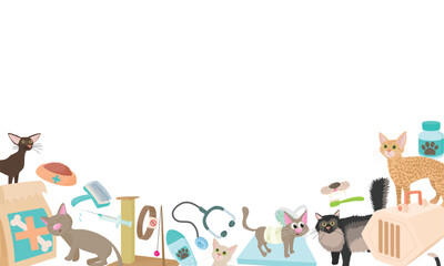 Playful cats and essential veterinary icons form a charming border on white background, ideal for pet care or veterinary services